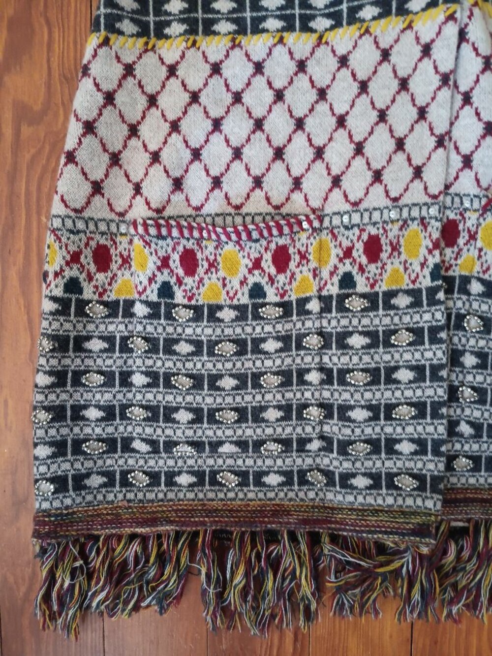 Anthropologie Lambs Wool Sweater Angel Of The North Fringe Boho Beaded Western - Picture 3 of 10